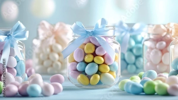 Fototapeta A festive Easter favor table featuring mason jars filled with pastel-colored candies, tied with soft satin ribbons.