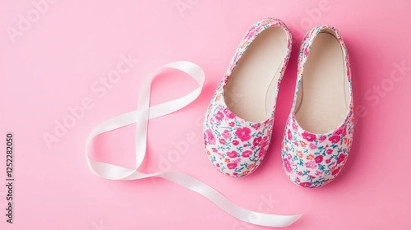 Fototapeta A pair of floral shoes placed neatly on a soft pastel background with a light ribbon, evoking a peaceful Easter Sunday outfit vibe.