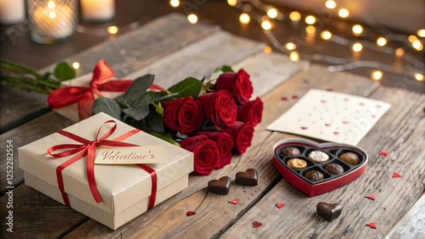 Fototapeta Romantic Valentine’s Gift Box with Red Roses, Chocolates & Love Note on Rustic Table – Cozy Warm Lighting for a Perfect Love Scene.