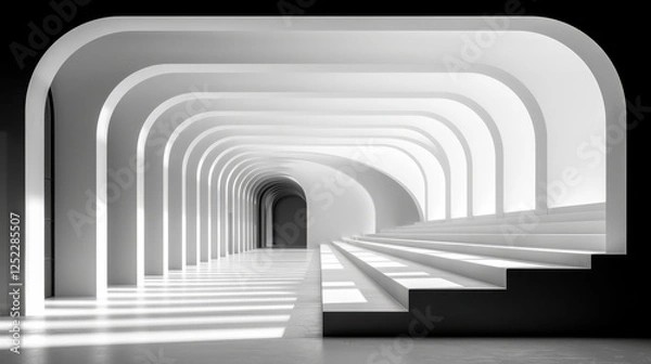 Fototapeta sleek and modern interior featuring curved white arches and steps, creating minimalist aesthetic. bright lighting enhances spacious feel