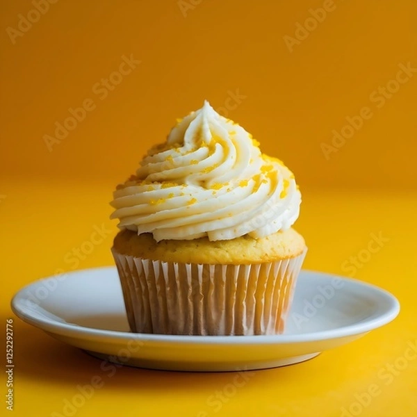Fototapeta Fresh Lemon Cupcake with Zesty Frosting and Lemon Slice Garnish on a Vibrant Yellow Background