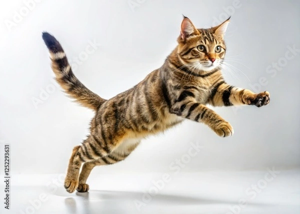 Fototapeta Stunning high-resolution panoramic: playful kitten's breathtaking jump against a pristine white background.