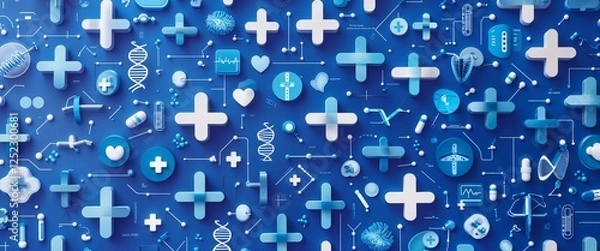 Fototapeta A vibrant blue background filled with a intricate pattern of interconnected mathematical plus symbols, blending seamlessly with medical design elements, conveying a sense of healthcare technology and 