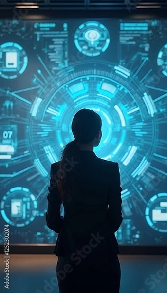 Obraz standing screen woman front big business back hologram technological view business woman backview standing technically hologram screen display office corporate executive professional modern