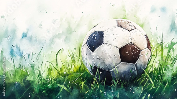 Obraz Watercolor Soccer Ball on Fresh Green Grass