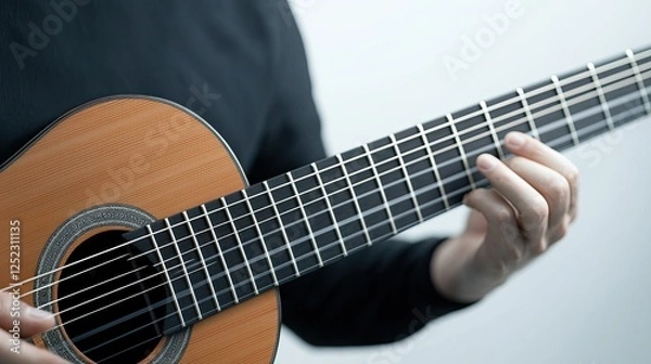 Fototapeta A close-up view of a person playing a classical guitar, showcasing finger placement and the instrument's detailed body.