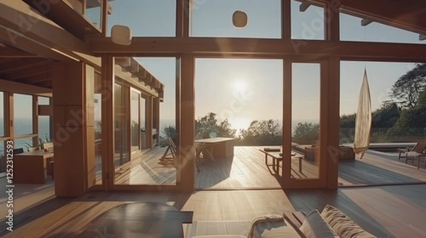 Fototapeta Luxury Coastal Home with Breathtaking Ocean Views at Sunset