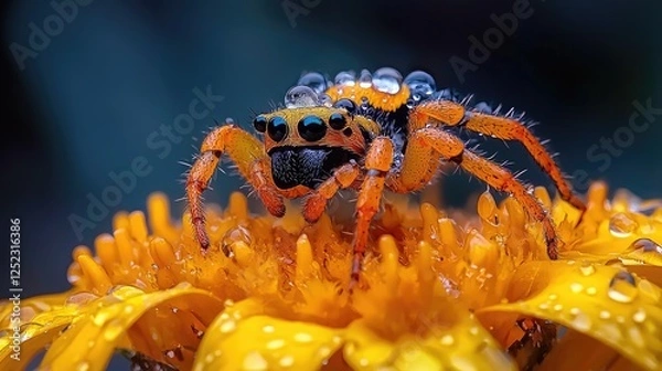 Fototapeta Colorful spider on dew-covered flower. Macro nature photography for websites