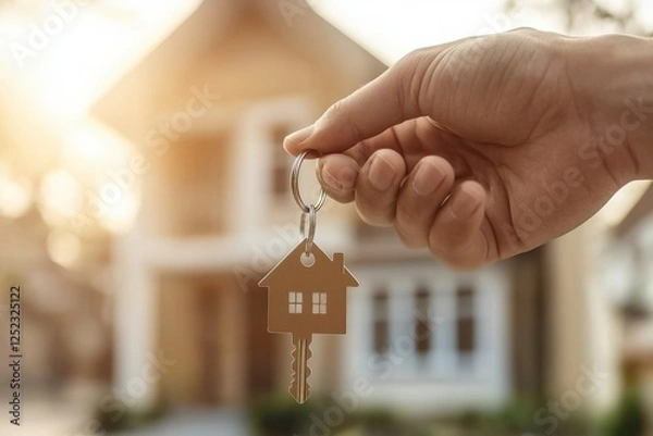 Fototapeta real estate agent holding keys in front of a home