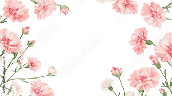 Fototapeta Delicate carnation flowers forming an elegant border with soft pink petals and buds against a white background, perfect for springtime or romantic themes.