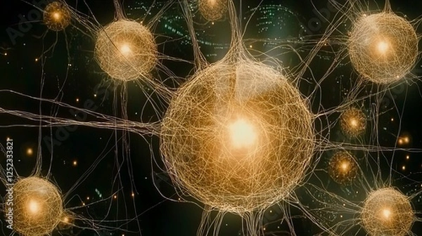Fototapeta Microscopic view of interconnected neurons, glowing bright, intricate network of neural cells, abstract brain cell structure background.