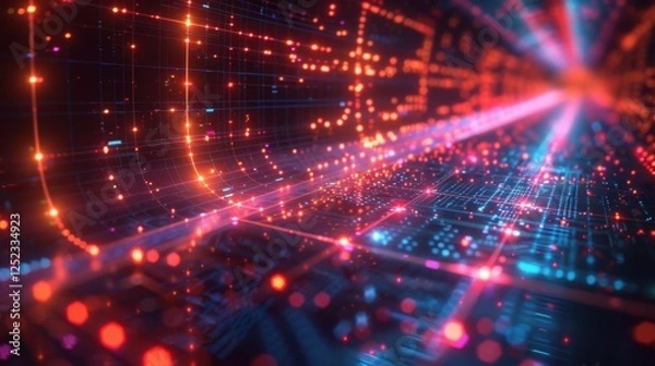 Fototapeta Futuristic digital circuit with neon light and bokeh effect