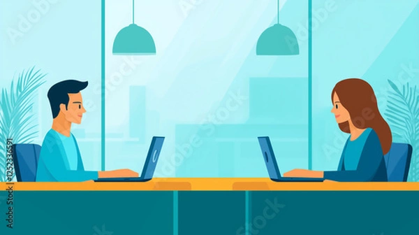 Obraz Illustration of two people sitting across a table using laptops in a modern office. symbolizing negotiating, remote work, and effective communication, discussion, collaboration, technology concept.