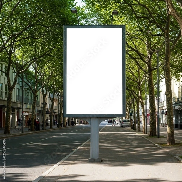Fototapeta A blank billboard stands on a tree-lined street, surrounded by shops and pedestrians, inviting advertisements or messages.