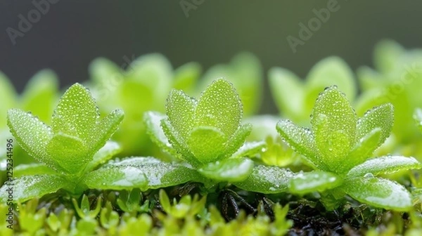 Obraz Close-up of dewy moss plants in nature. Possible use Nature backdrop, educational material