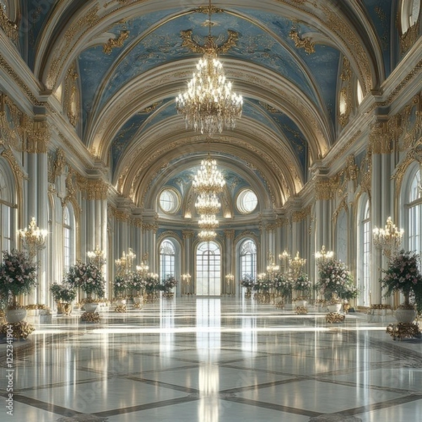 Obraz Large, ornate room with a blue ceiling and gold accents