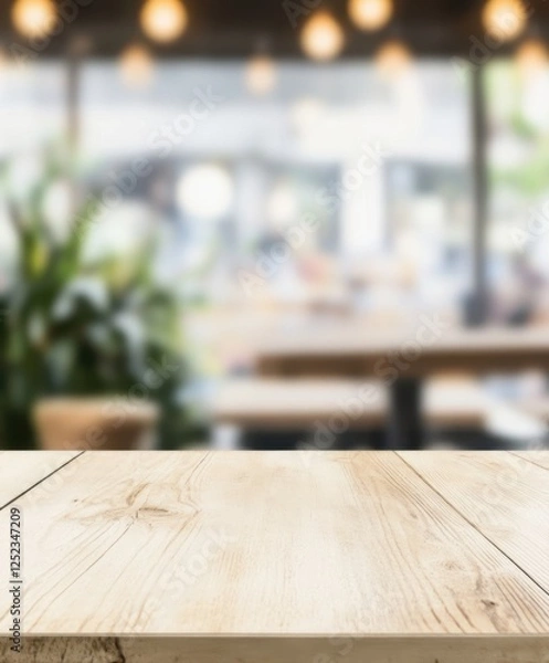 Fototapeta Wooden table top against a blurred restaurant background, perfect for showcasing a product or food item.