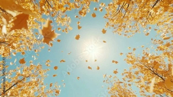 Fototapeta Autumnal Thanksgiving panoramic background with copy space, sun, yellow maple leaves, and blue sky in fall