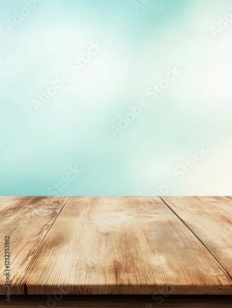 Fototapeta A rustic wooden tabletop provides a welcoming surface against a soft, blurred backdrop with a sky tint.