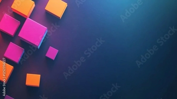 Fototapeta Vibrant pink orange cubes playfully scattered dark blue background. AI Generated