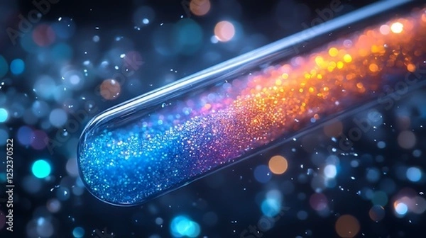 Fototapeta Macro shot of a test tube packed with vibrant glitter particles glowing in blue and green hues