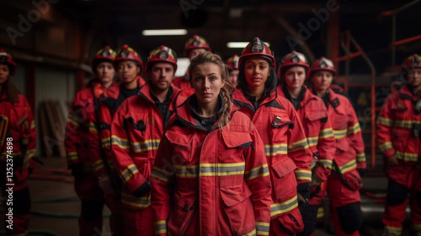 Fototapeta Female firefighter standing in front with team in the background at a fire station.