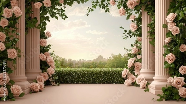 Obraz Vintage Floral Arch Adorned with Soft Roses in a Serene Outdoor Setting