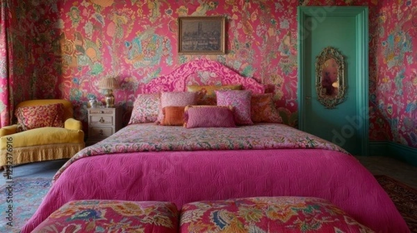 Fototapeta Vibrant Maximalist Bedroom Design with Layered Textiles and Color