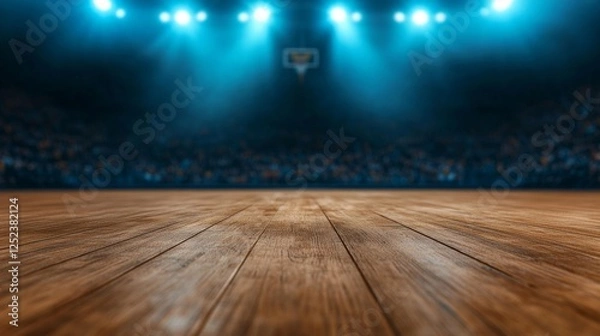 Fototapeta Basketball Court in a Stadium with Dramatic Lighting and a Wood Floor. Generative AI