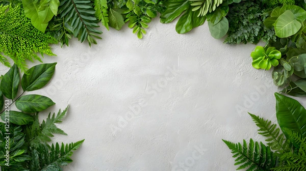 Obraz Lush green leaves frame, gray background, nature border, eco design