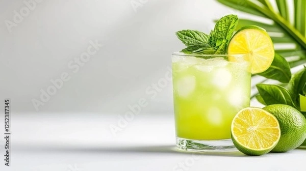 Fototapeta Refreshing Mojito with Lime and Mint on a White Isolated Background. Generative AI