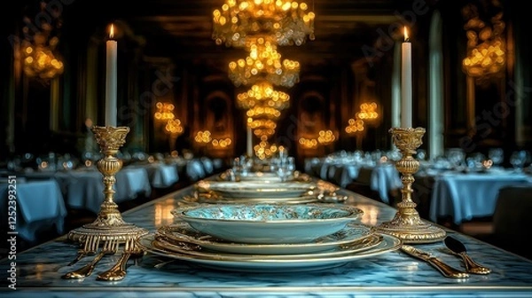 Fototapeta Elegant Dinner Table Setting With Candlesticks And Fine China