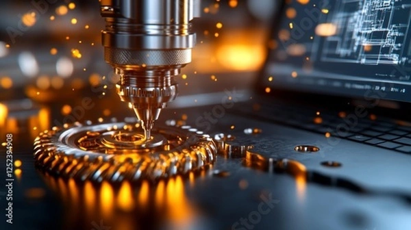 Fototapeta Laser Cutting Machine Working on Metal with Sparks and Technology Display. Generative AI