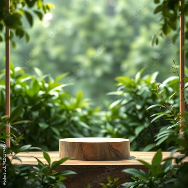 Fototapeta An elegant product display background featuring lush green foliage in a softly blurred setting. The foreground includes a natural and aesthetic pedestal