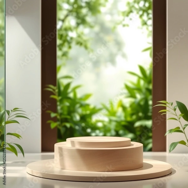 Fototapeta An elegant product display background featuring lush green foliage in a softly blurred setting. The foreground includes a natural and aesthetic pedestal