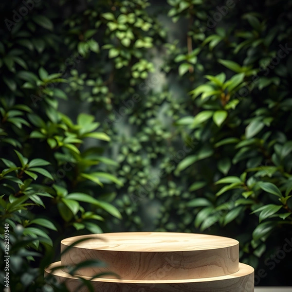 Fototapeta An elegant product display background featuring lush green foliage in a softly blurred setting. The foreground includes a natural and aesthetic pedestal