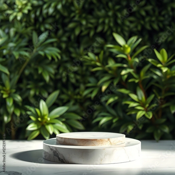 Fototapeta An elegant product display background featuring lush green foliage in a softly blurred setting. The foreground includes a natural and aesthetic pedestal