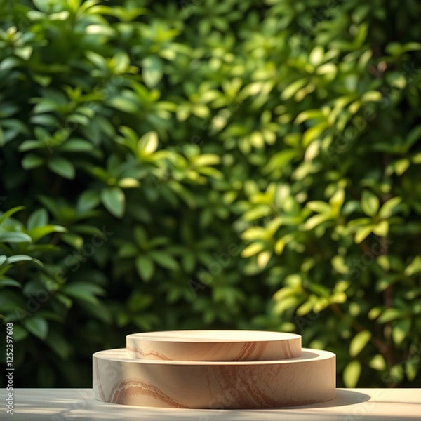 Fototapeta An elegant product display background featuring lush green foliage in a softly blurred setting. The foreground includes a natural and aesthetic pedestal