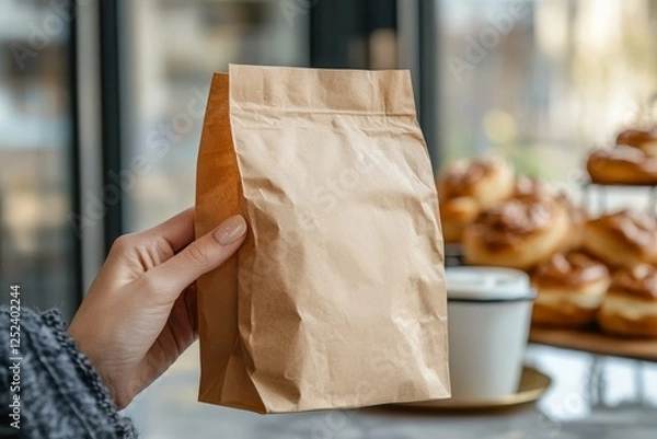 Obraz Takeaway paper bag mockup held by a person's hand with a blurred background