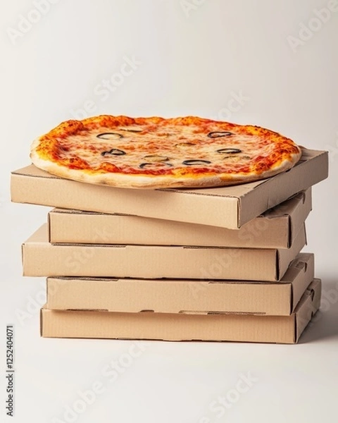 Obraz A stack of modern pizza boxes, slightly misaligned, with a sleek printed design on the lid, set against a neutral gradient background