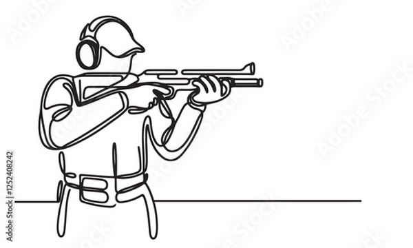 Fototapeta One continuous single drawing black line art doodle of shooter is shooting sport outline vector illustration on white background