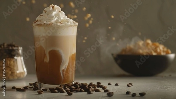 Fototapeta Oversized glass of coffee topped with thick cream, centered against a gray background with scattered coffee beans and an out-of-focus bowl of food items. 