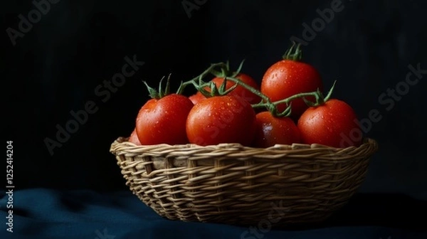 Fototapeta Fresh tomatoes in a wicker basket, dark background. Rustic kitchen theme