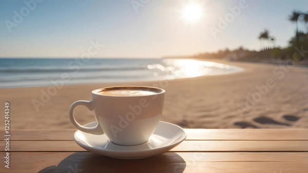 Obraz Drinking espresso coffee by the ocean, personal perspective view