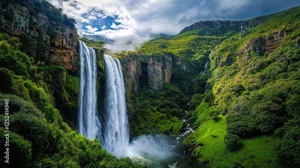 Fototapeta Majestic waterfall cascading down lush green mountains, mist rising, valley view