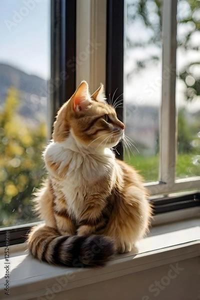 Obraz a cat sitting on a windowsill, watching birds outside.