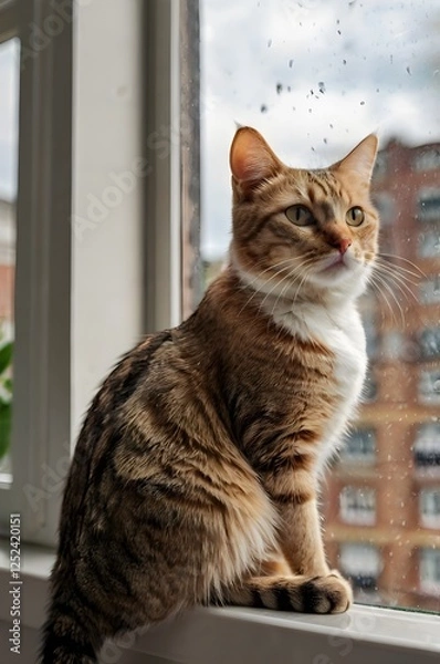 Obraz a cat sitting on a windowsill, watching birds outside.