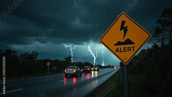 Obraz Storm Warning Sign with Lightning in Dramatic Rainy Landscape