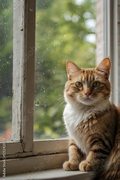 Obraz a cat sitting on a windowsill, watching birds outside.