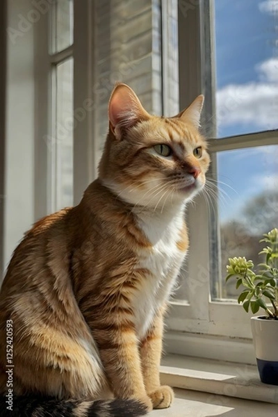 Obraz a cat sitting on a windowsill, watching birds outside.